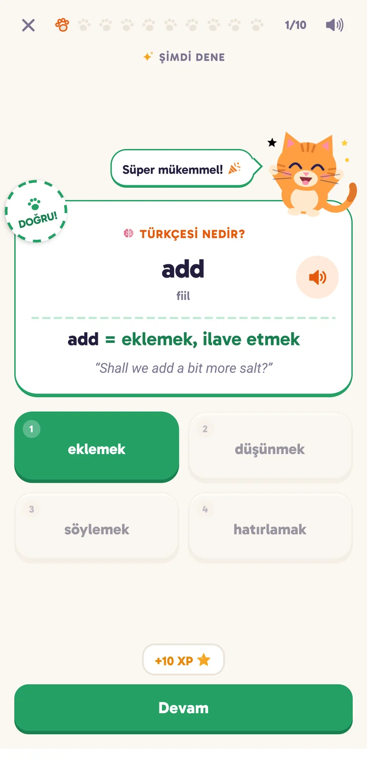 Doğru cevap ve Pati'nin tepkisi
